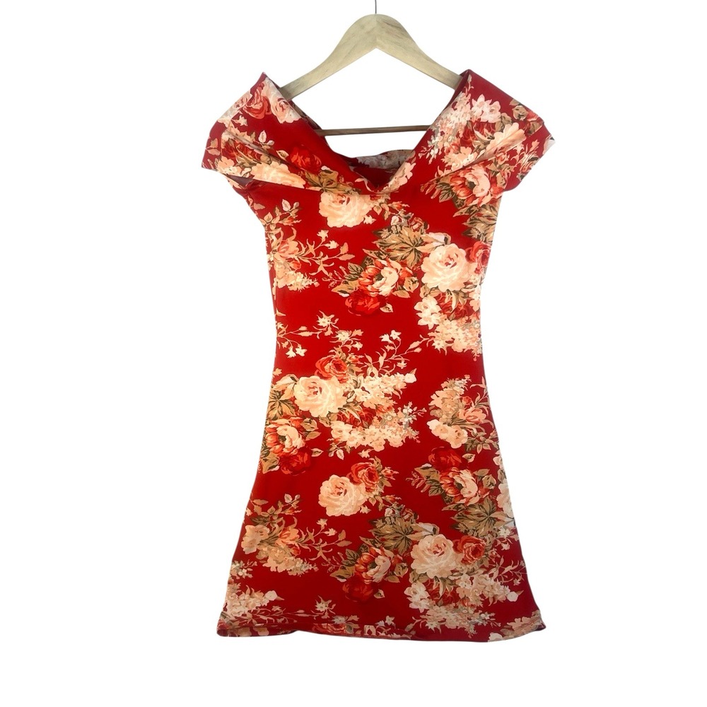 Sezane Red Floral Doriana Off Shoulder Bodycon Mini Dress XS Cottagecore - Picture 7 of 7